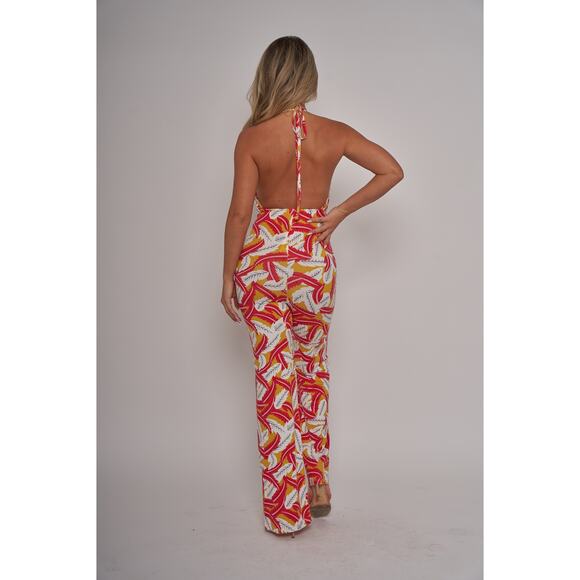 NWT Red Tropical Print Halter V Neck Jumpsuit - Large - Picture 6 of 7